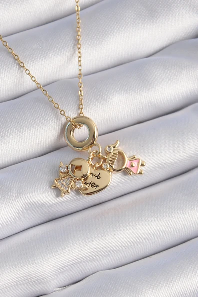 316L Çelik Gold Renk Zirkon Taş Detay Çocuk Figür Charm Model Kadın Kolye - TJ-BKO9324 ürün görseli