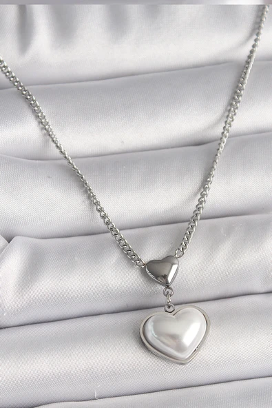 316L Çelik Gümüş Renk Zincir 3D Kalp Model Kadın Kolye - TJ-BKO9771 ürün görseli 1