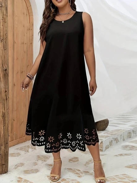 MDB Kadın Kolsuz Etek Ucu Lazer Kesim çiçek Desenli Midi Boy Janjan Krep Elbise - Resim 7