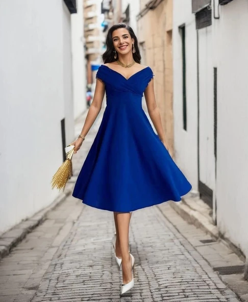 MDB Kadın Kısa Kollu Kruvaze Yaka Eteği Volanlı Krep Elbise - Resim 2