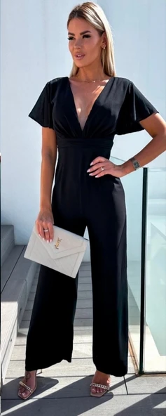 MDB Kadın Kısa Kollu Kruvaze Yaka ırt Dekolteli Pegasus Kumaş Tulum - Resim 3