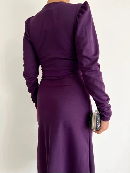 MDB Krep Kumaş idi Boy Kuşaklı Uzunkol Elbise - Resim 6