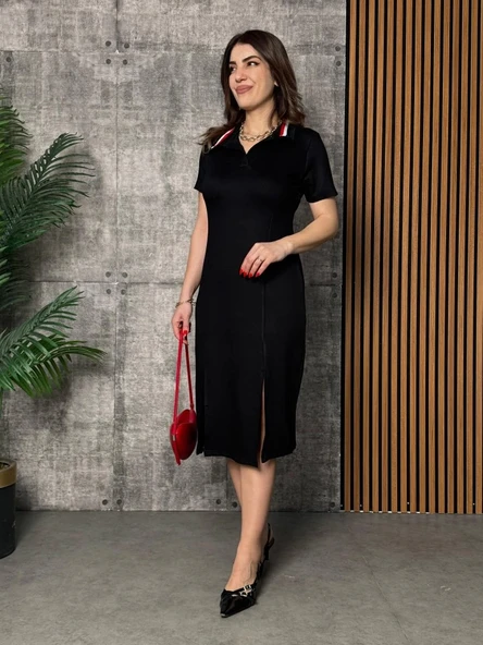 MDB Kadın Yaka Ribanalı Çift Yırtmaçlı Elbise - Resim 5