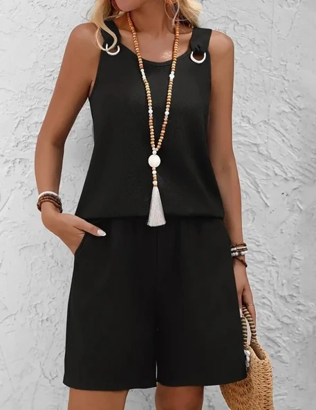 MDB Kadın Askılı Yuvarlak Yaka Kuş Gözü Detaylı Bürümcük Bluz Ve Short Ikili Takım - Resim 5