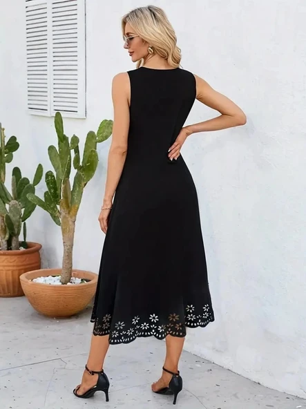 MDB Kadın Kolsuz Etek Ucu Lazer Kesim çiçek Desenli Midi Boy Janjan Krep Elbise - Resim 4