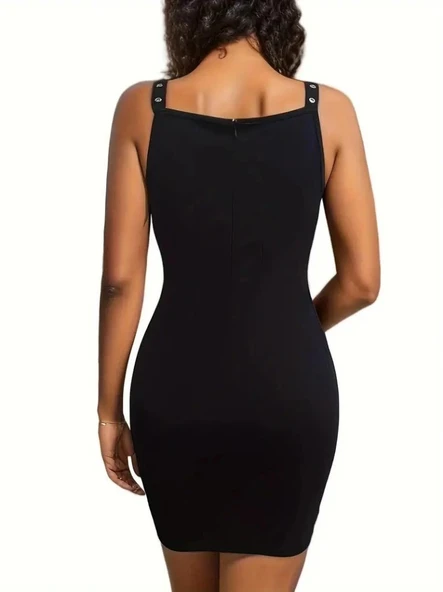 MDB Kadın Askılı Derin V Yakalı Kuş Gözü Detaylı Janjan Krep Elbise - Resim 2