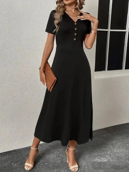 MDB Kadın Kısa Kollu V Yakalı önden Düğmeli Yırtmaçlı Midi Viskon Elbise - Resim 2