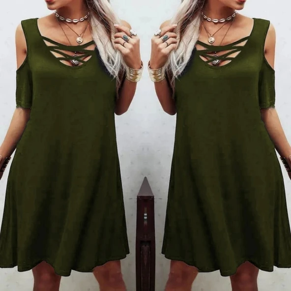 MDB Dekolteli Bağcık Detay Viskon Kumaş Elbise - Resim 2