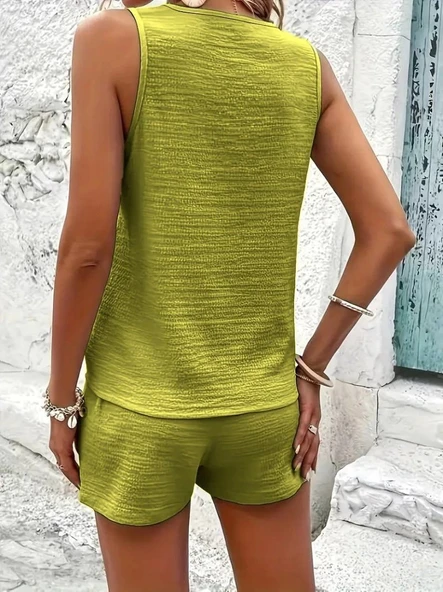 MDB Kadın Askılı Kolsuz V Yakalı önden Düğmeli Bürümcük Bluz Ve Short Ikili Takım - Resim 5