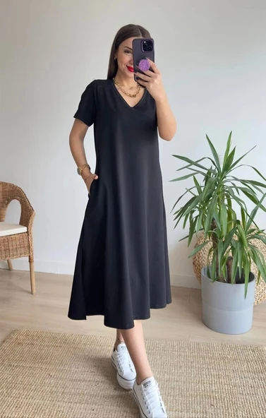 MDB Kadın Kısa Kollu V Yaka Cepli A Kesim Detaylı Viskon Elbise - Resim 5