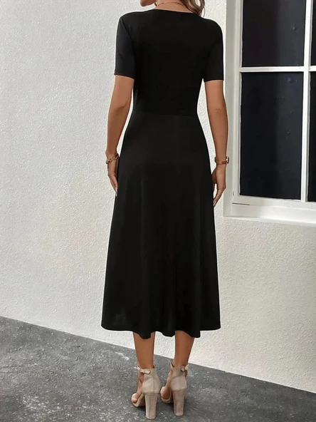 MDB Kadın Kısa Kollu V Yakalı önden Düğmeli Yırtmaçlı Midi Viskon Elbise - Resim 3