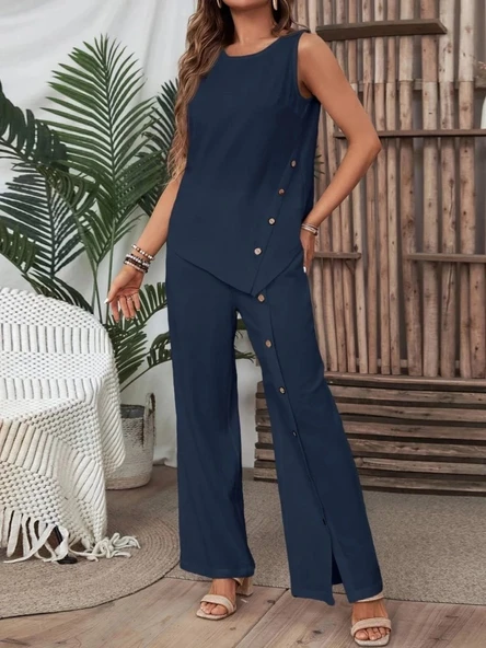 MDB Kadın Kolsuz Düğmeli Asimetrik Detaylı Bürümcük Bluz Ve Pantolon Takım ürün görseli 1