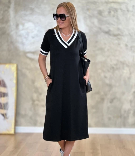 MDB Kadın Kısa Kollu V Yaka Kol Ve Yaka Ribana Detay Midi Boy Viskon Elbise - Resim 8