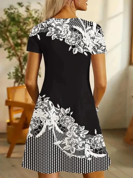 MDB Kadın Kısa Kollu V Yakalı çiçek Baskılı Süprem Elbise - Resim 3