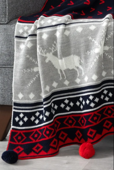 Yılbaşı Temalı Ponponlu Triko Örme Tv Battaniyesi, Yılbaşı Hediyesi, 130x170 cm - Resim 3