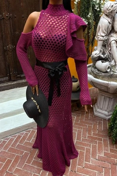 MDB Saten Kuşaklı Ajurlu Triko Elbise 2847 - Resim 5