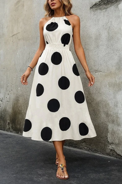 MDB Kadın Kolsuz Boyundan Bağlamalı Beli Lastikli Dijital Baskı Süprem Uzun Elbise - Resim 3