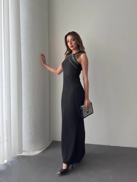 MDB Kadın Omuz çoklu Askılı önü Taş Işlemeli Balık Kesim Janjan Krep Maxi Boy Elbise - Resim 2