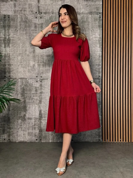 MDB Kadın Kısa Kollu Yakası Açık Katlı Bürümcük Balon Elbise ürün görseli 1