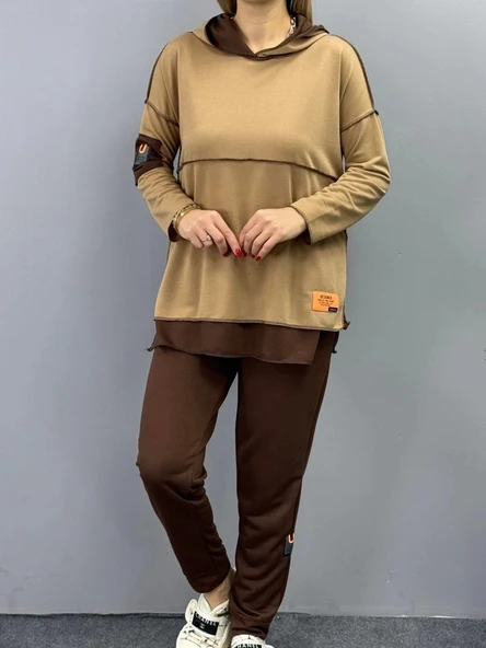 MDB Kadın Kahve Kapşonlu Etek Ucu Detay Arma Ters Dikiş Gorunumlu Ikili Takım - Resim 8