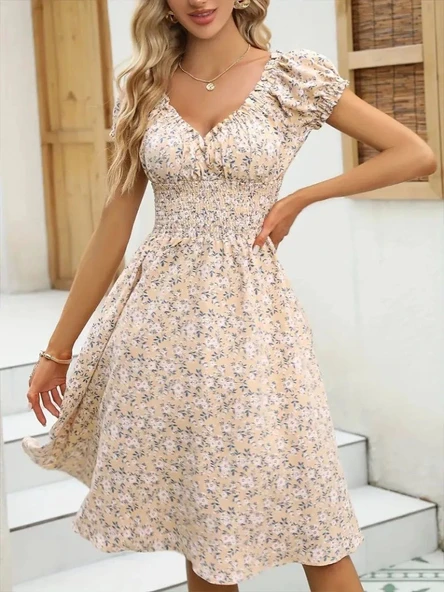 MDB Kadın Kısa Kollu Kruvaze Yaka Lastikli Belden Gipeli çiçek Desenli Suprem Elbise - Resim 7