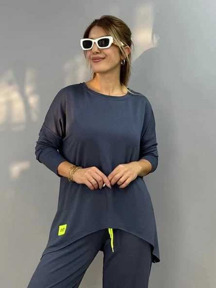 MDB Kadın Iki Iplik Viskon Pamuk Kumaş Arma Detaylı Ikili Takım - Resim 5