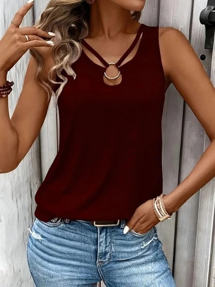 MDB Kadın Askılı Yaka şerit Halka Detaylı Viskon Bluz - Resim 2