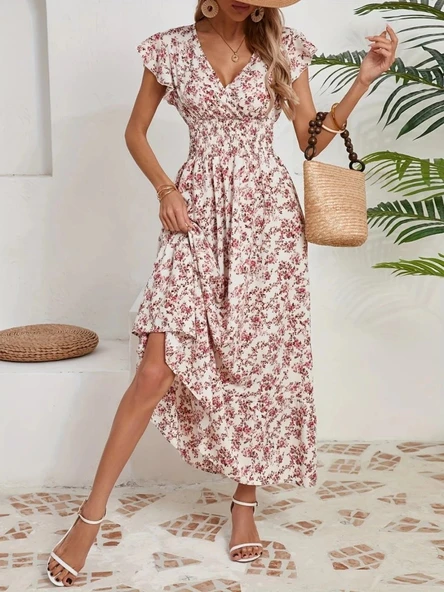 MDB Kadın Kısa Kollu Kruvaze Yaka Beli Lastikli çiçek Desenli Elbise - Resim 2