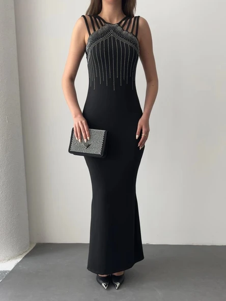 MDB Kadın Omuz çoklu Askılı önü Taş Işlemeli Balık Kesim Janjan Krep Maxi Boy Elbise - Resim 6