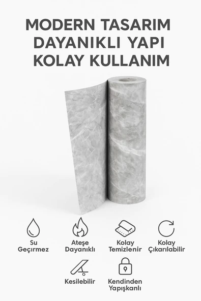 Gri Mermer Desenli Kendinden Yapışkanlı Su Geçirmez Tezgah Kaplama Folyo – Parlak Yüzey 60x500 CM - 8