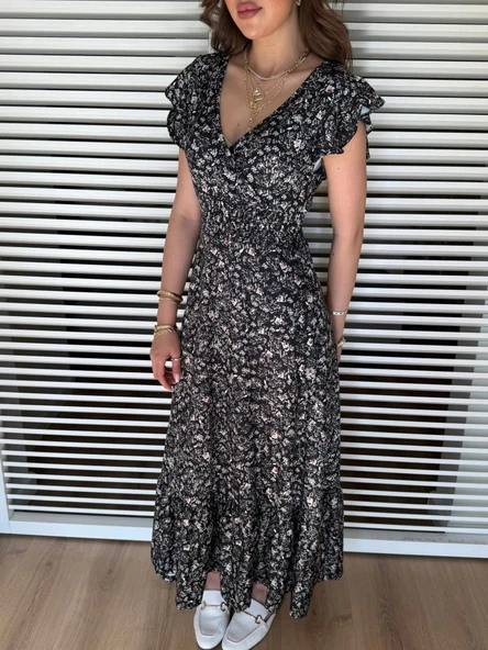 MDB Kadın Kısa Kollu Kruvaze Yaka Beli Lastikli çiçek Desenli Elbise - Resim 2