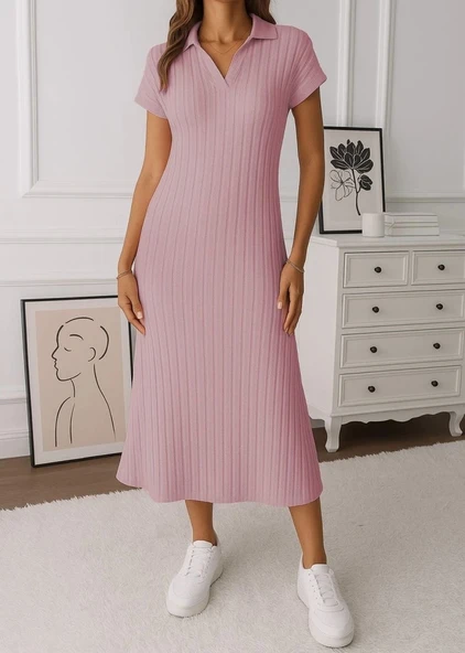 MDB Kadın Kısa Kollu Yakalı Yandan Yırtmaçlı Kalın Fitilli Kaşkorse Elbise - Resim 2