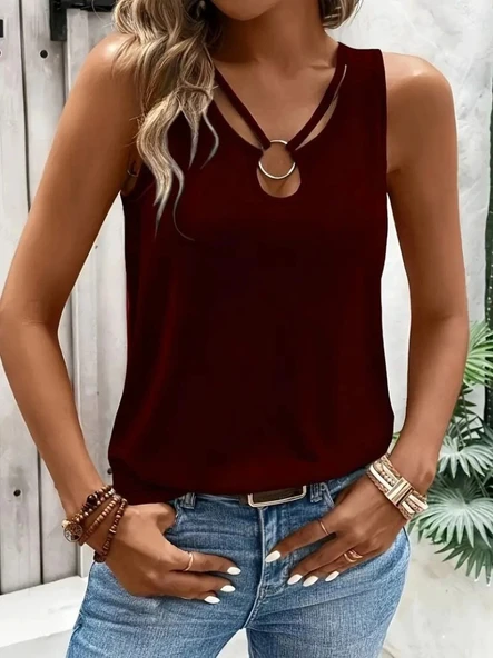 MDB Kadın Askılı Yaka şerit Halka Detaylı Viskon Bluz - Resim 5