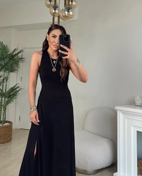 MDB Kadın Arkadan çapraz Detay Yuvarlak Yaka Maksi Viskon Elbise - Resim 7