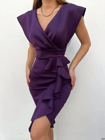 MDB cuba Kumaş Önü Fırfırlı Midi Boy Elbise - Resim 6