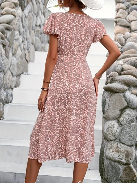 MDB Kadın Kısa Kollu önü Düğmeli Volanlı Minik Leopar Desen Midi Viskon Elbise - Resim 3