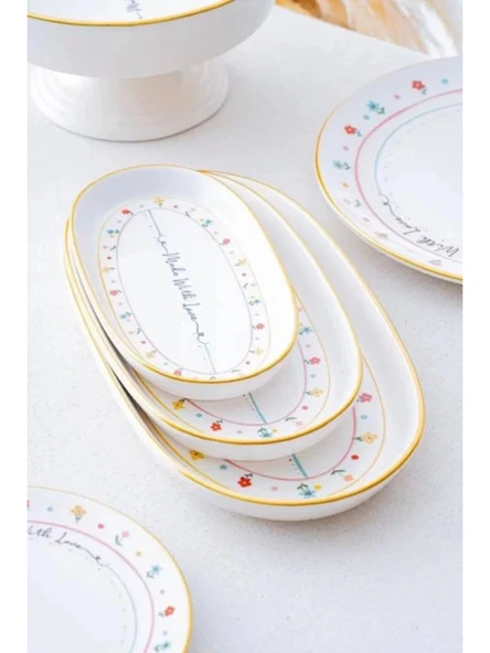 Acar HCA7730 Livaldi Çiçek ve Yazı Desenli Kayık Model Beyaz Tabak 3'lü ürün görseli 1