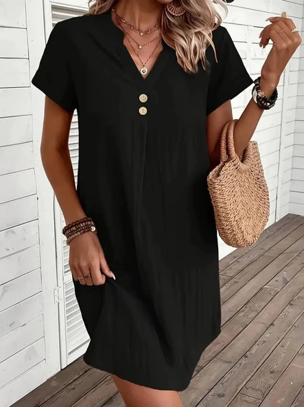 MDB Kadın Kısa Kollu V Yakalı Düğmeli Müslim Kısa Elbise ürün görseli 1