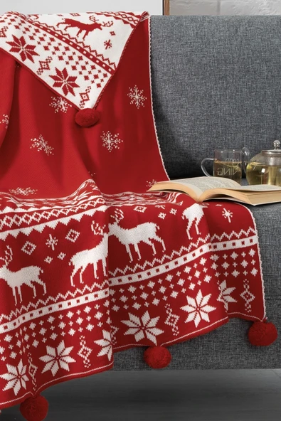 Yılbaşı Temalı Ponponlu Triko Örme Tv Battaniyesi, Yılbaşı Hediyesi, 130x170 cm - Resim 6