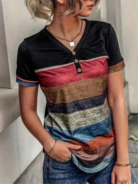 MDB Kadın Kısa Kollu V Yakalı Düğmeli çok Renkli Süprem Bluz - Resim 4