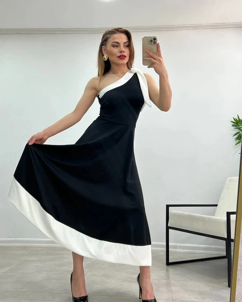 MDB Kadın Tek Omuzu Açık Omuzlardan Kurdela Detaylı çift Renkli Ithal Krep Elbise - Resim 7