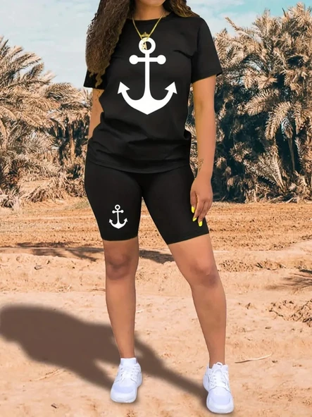 MDB Kadın Kısa Kollu çapa Baskılı Viskon Ikili Takım - Resim 3