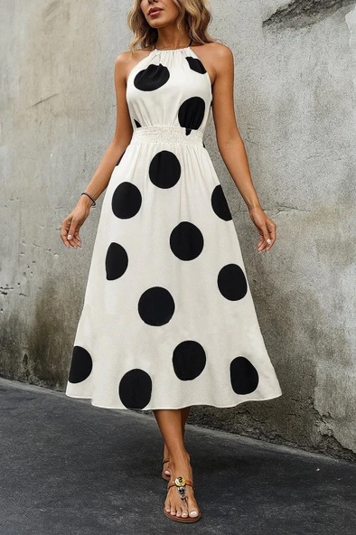 MDB Kadın Kolsuz Boyundan Bağlamalı Beli Lastikli Dijital Baskı Süprem Uzun Elbise ürün görseli 1