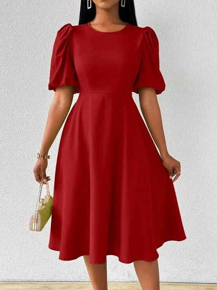 MDB Kadın Kısa Balon Kollu Bisiklet Yaka Kiloş Janjan Krep Elbise - Resim 4