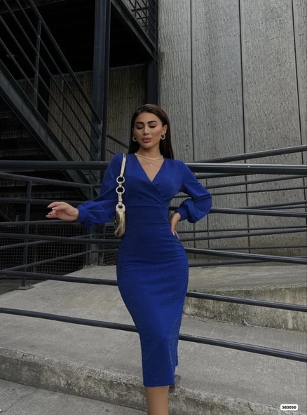 MDB Kadın Kruvaze Yaka Balon Kol imli Krep Kumaş idi Boy Elbise - Resim 2