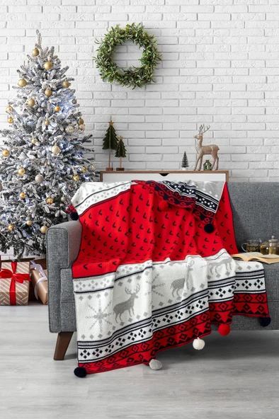 Yılbaşı Temalı Ponponlu Triko Örme Tv Battaniyesi, Yılbaşı Hediyesi, 130x170 cm - Resim 2