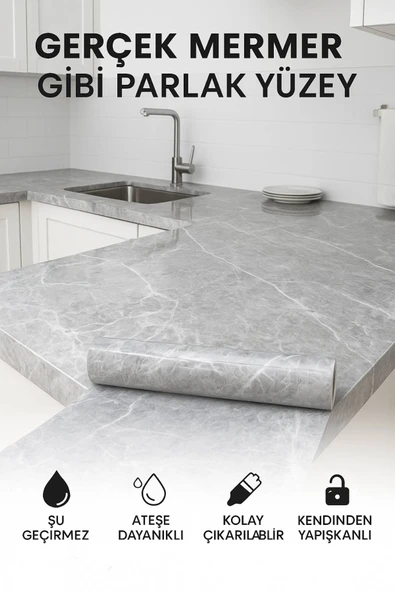 Gri Mermer Desenli Kendinden Yapışkanlı Su Geçirmez Tezgah Kaplama Folyo – Parlak Yüzey 60x500 CM - 3