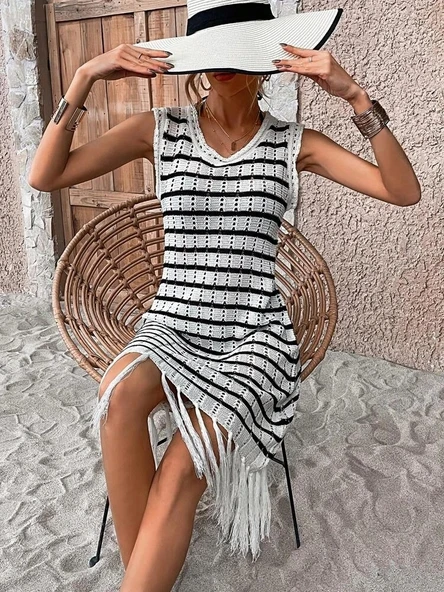 MDB Kadın Kolsuz V Yaka Eteği Püsküllü çizgi Desen Triko Elbise - Resim 6