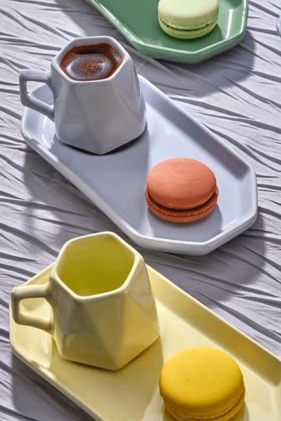 6 Kişilik 12 Parça Modern Renkli Kahve Fincan Seti - Prizma Kahve Takımı,Geometrik Tasarım - Resim 3