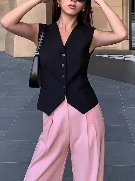 MDB Kadın Sıfır Kollu önden Düğmeli Atlas Yelek ürün görseli 1